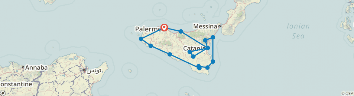 Image of a map showing the route of the tour