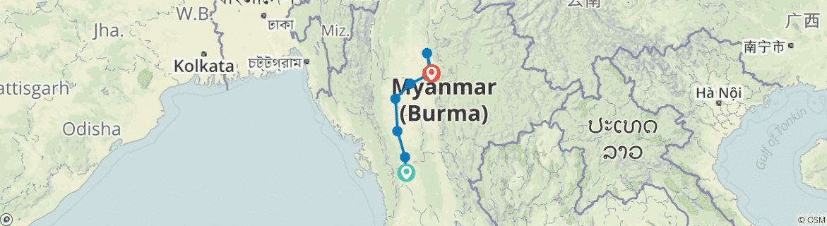 Image of a map showing the route of the tour