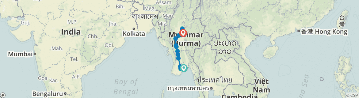 Image of a map showing the route of the tour