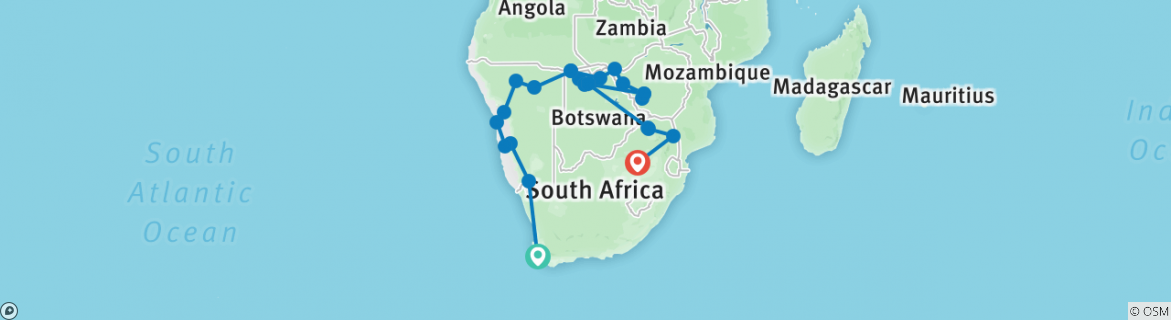 Image of a map showing the route of the tour