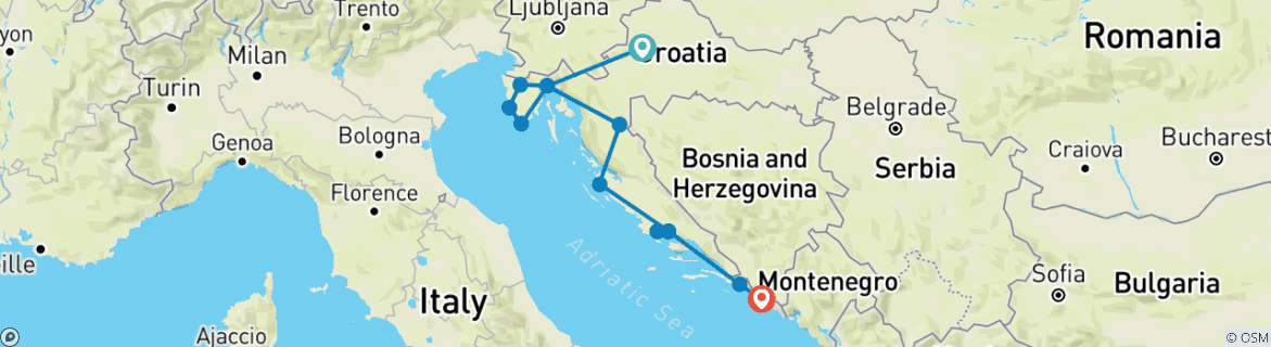 Image of a map showing the route of the tour