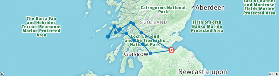 Image of a map showing the route of the tour