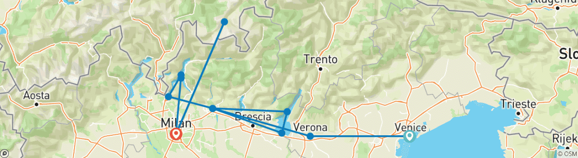 Image of a map showing the route of the tour