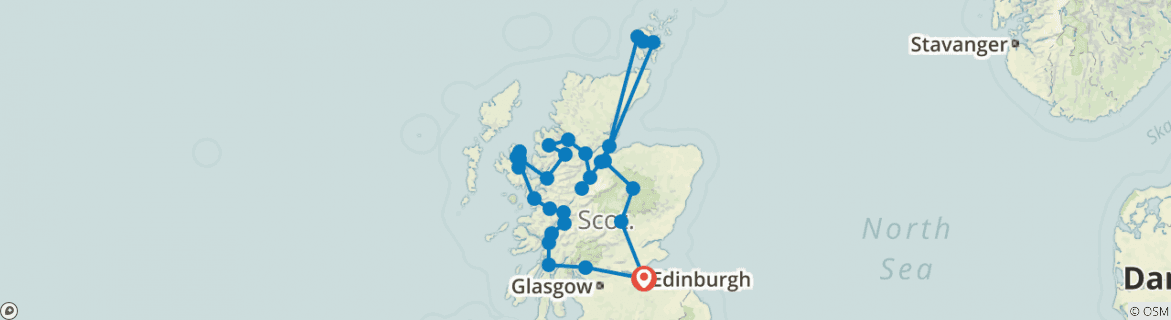 Image of a map showing the route of the tour