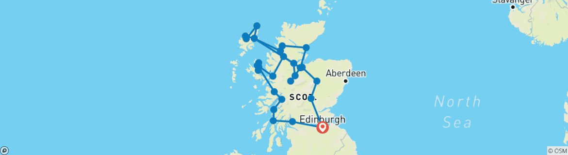 Image of a map showing the route of the tour