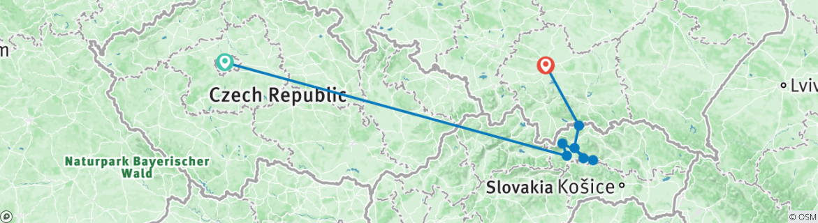 Image of a map showing the route of the tour
