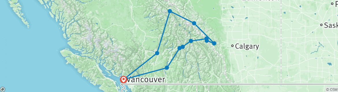 Image of a map showing the route of the tour