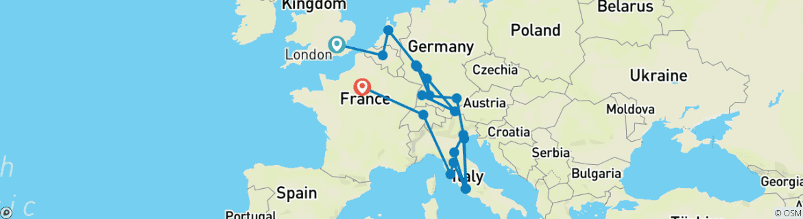 Carte du circuit Tourbillon européen (Fin Paris, 14 jours)