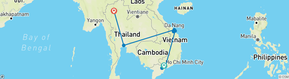 Image of a map showing the route of the tour