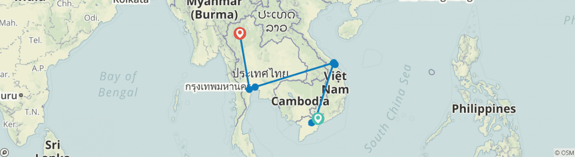 Image of a map showing the route of the tour