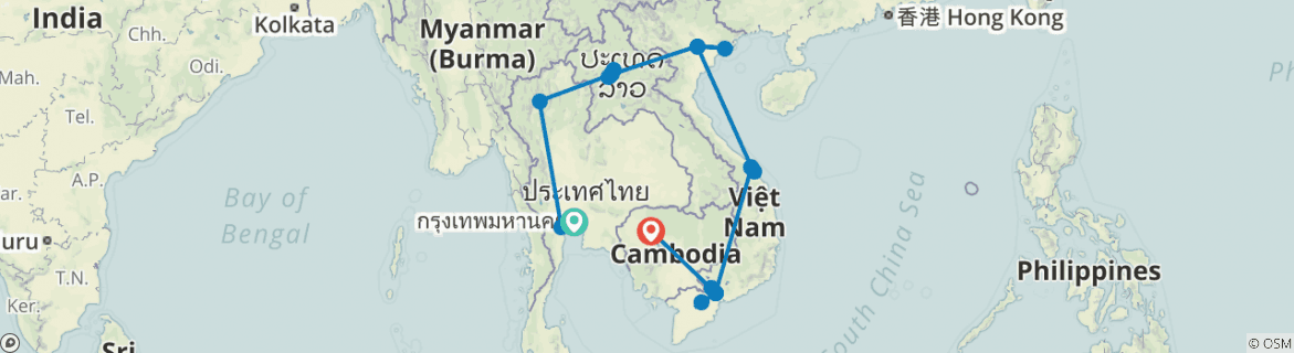 Image of a map showing the route of the tour