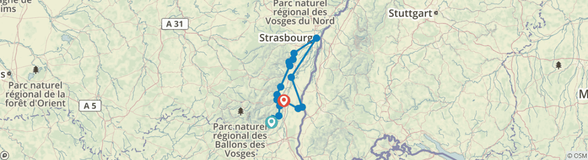Image of a map showing the route of the tour