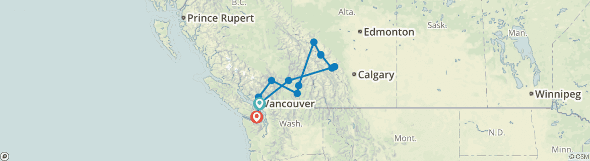 Image of a map showing the route of the tour