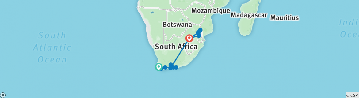 Image of a map showing the route of the tour