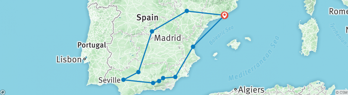 Image of a map showing the route of the tour