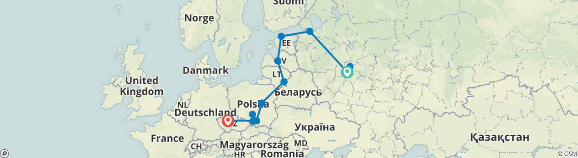 Image of a map showing the route of the tour