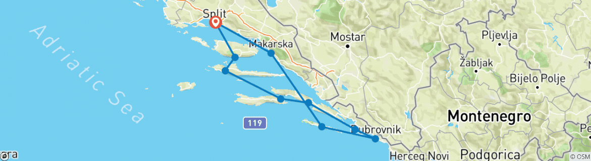 Image of a map showing the route of the tour