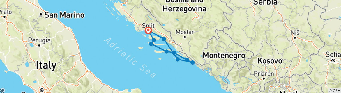 Image of a map showing the route of the tour