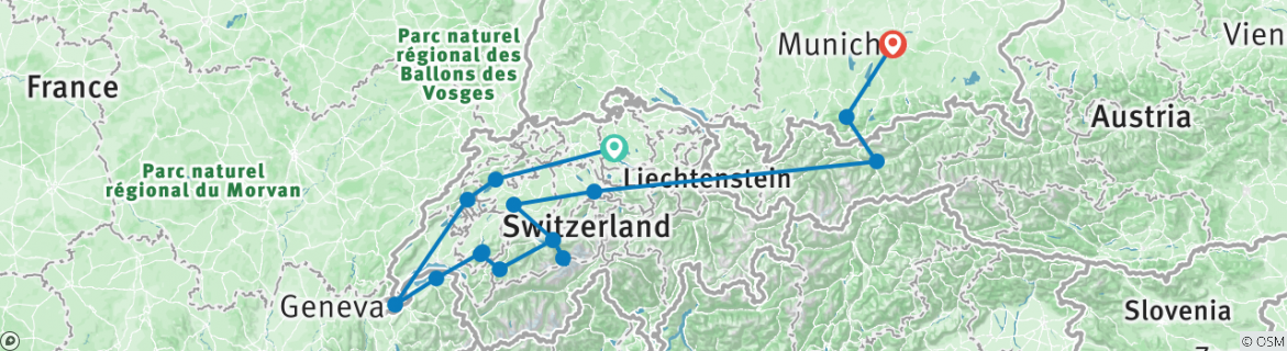 Image of a map showing the route of the tour
