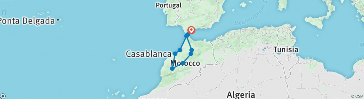Image of a map showing the route of the tour