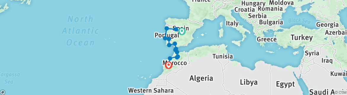 Image of a map showing the route of the tour