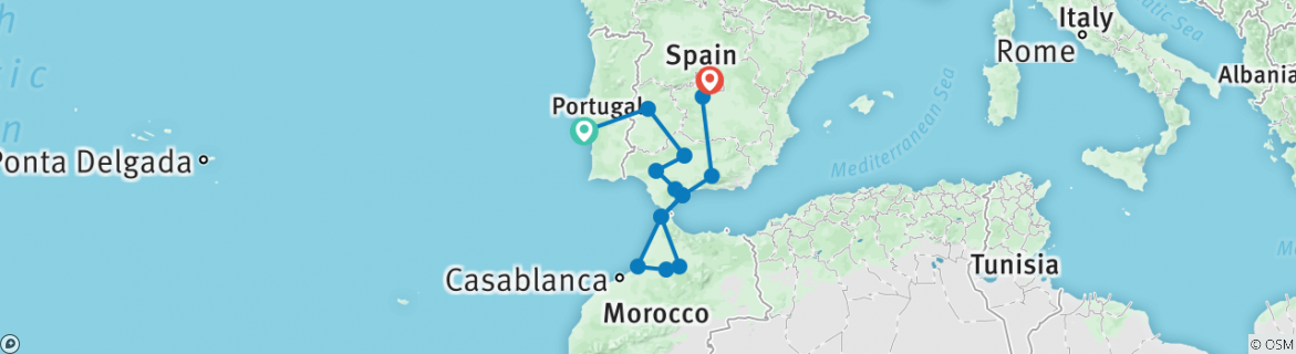 Image of a map showing the route of the tour