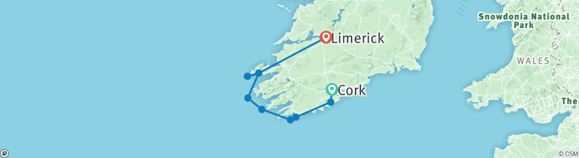Image of a map showing the route of the tour