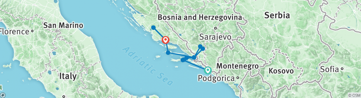 Image of a map showing the route of the tour