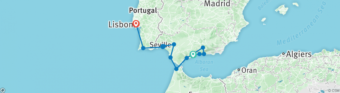 Image of a map showing the route of the tour