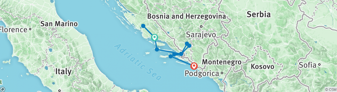 Image of a map showing the route of the tour