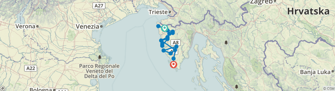 Image of a map showing the route of the tour