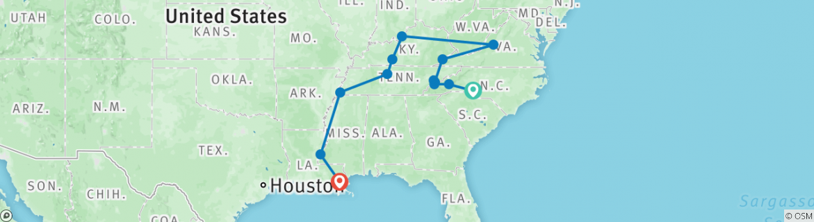 Image of a map showing the route of the tour