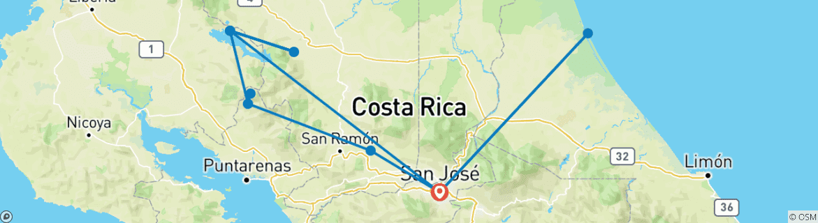 Carte du circuit Escapade au Costa Rica avec Tortuguero