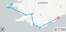 Circuit estival de 4 jours en minibus : randonnée sur un glacier, grotte de glace, Cercle d\'Or, côte sud et Jökulsárlón, région de Snaefellsnes - 12 destinations