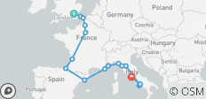 Parcours Londres-Rome (auberges de jeunesse, de l\'été jusqu\'en mars 2027, départ de Londres, formule classique) - 19 destinations