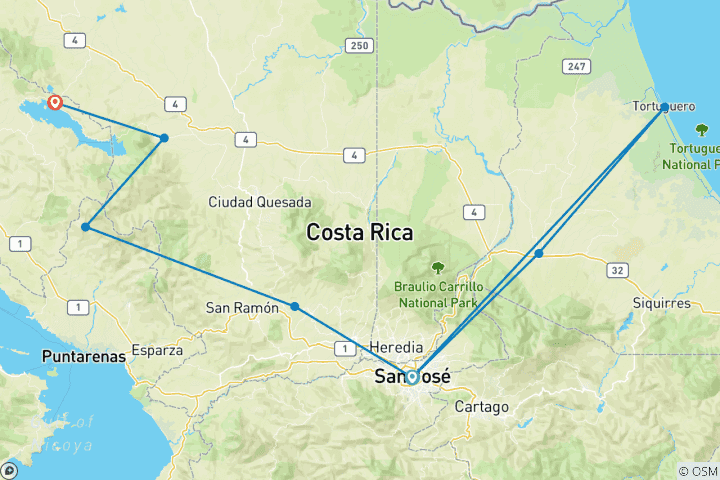 Carte du circuit Aventure au Costa Rica (Extension Tortuguero)