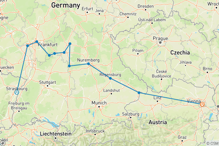 Carte du circuit Croisière au cœur de l'Europe, du Rhin au Danube (croisière de port à port)
