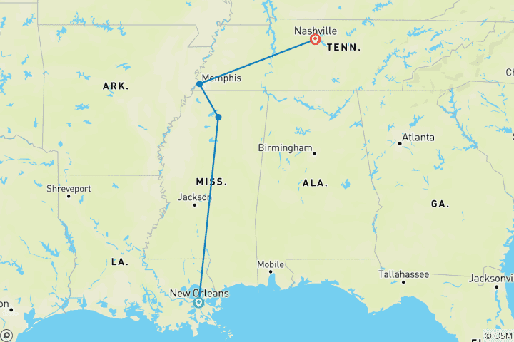Map of America's Music Cities featuring New Orleans, Memphis & Nashville (New Orleans, LA to Nashville, TN, 2028)