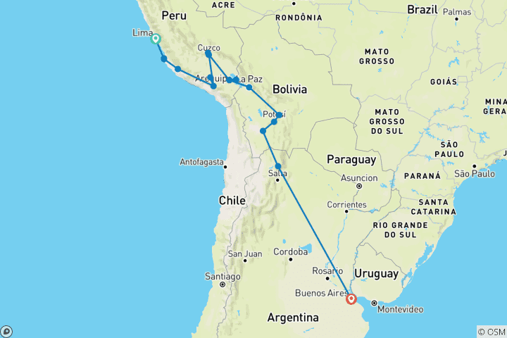 Carte du circuit Aventure au Pérou, en Bolivie et en Argentine