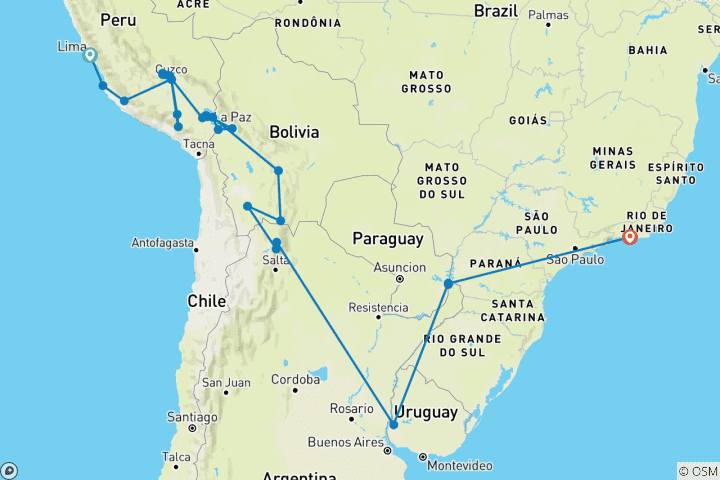 Map of South America Highlights (from Lima to Rio de Janeiro)
