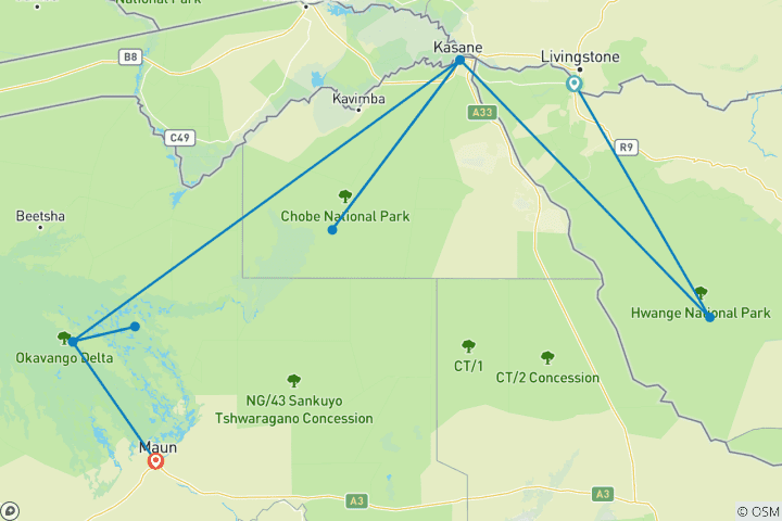 Carte du circuit Journeys : Safari au Botswana et au Zimbabwe National Geographic