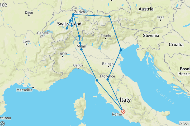 Kaart van Italië en Zwitserland ROT (16 bestemmingen)