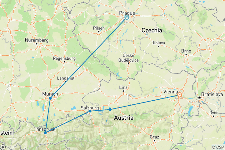 Map of Prague, Munich and Austria (6 destinations)