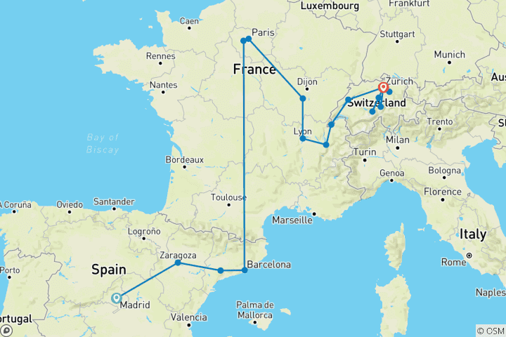Kaart van Spanje, Frankrijk en Zwitserland (18 bestemmingen)