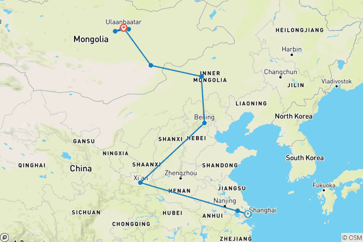 Mapa de Aventura en tren por China y Mongolia