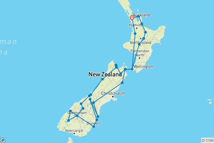 Karte von Neuseeland Rundreise ab Auckland