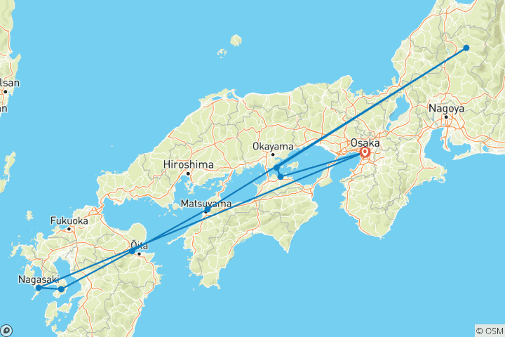 Carte du circuit L'expérience du sud du Japon (9 destinations)