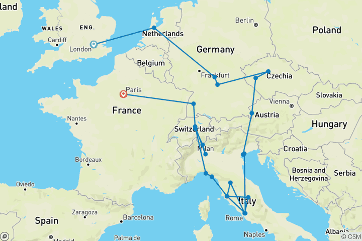 Karte von Europa Entdeckungsreise (Klassische Rundreise, Sommer, Start London, Ende Paris, 17 Tage)