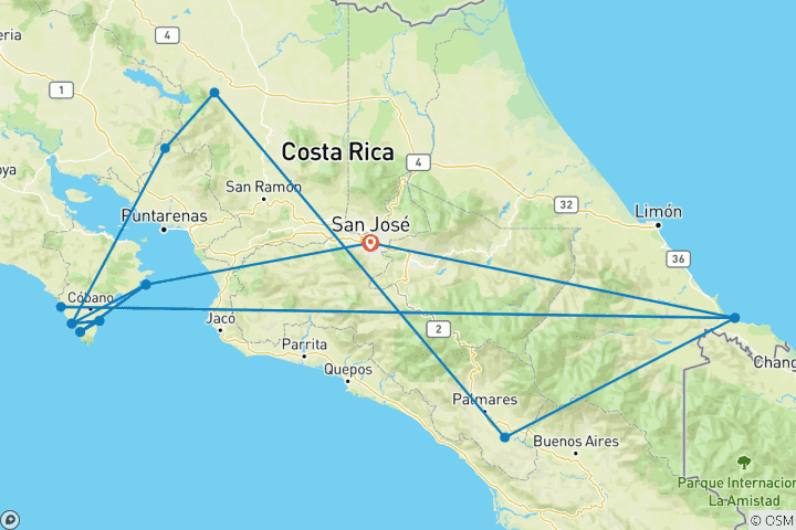 Carte du circuit Le Costa Rica en bref - Faune et paradis tropical