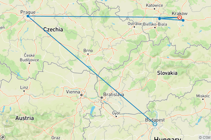 Carte du circuit Le meilleur de l'Est - Budapest, Prague, Cracovie